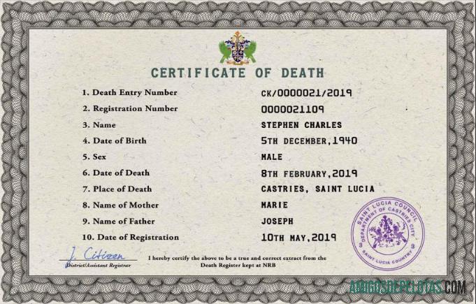 Realista modelo PSD de certidão de óbito de registro vital de Santa Lúcia